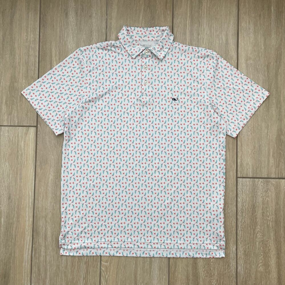 Vineyard Vines On-The-Go Sankaty Polo Cocktail Print White Blue Coral Men M